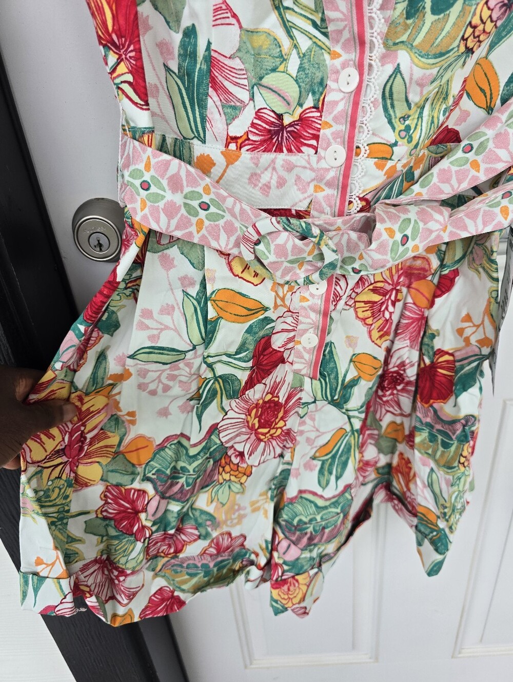 Adrianna Papell Women Floral Printed Romper Sz 10 Pink Green Lace Trim Belted - Picture 12 of 15